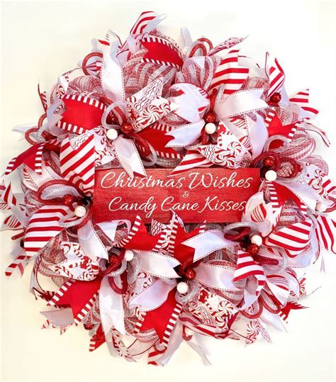 Deco Mesh Christmas Wreathcandy Cane Wreathred And White Christmas