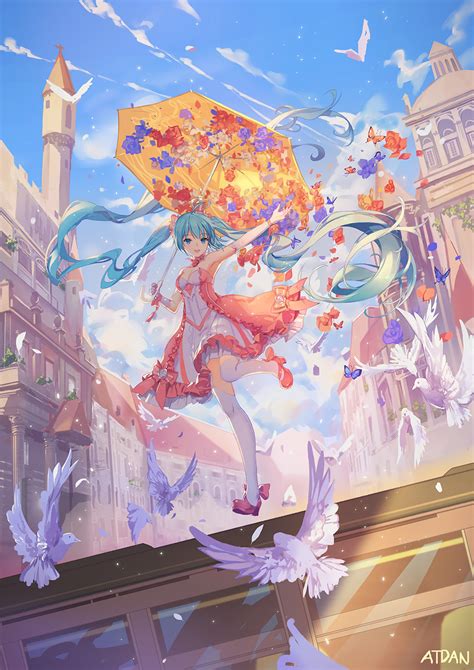 Wallpaper Anime Girls Atdan Artwork Vocaloid Hatsune Miku Umbrella Dress Long Hair