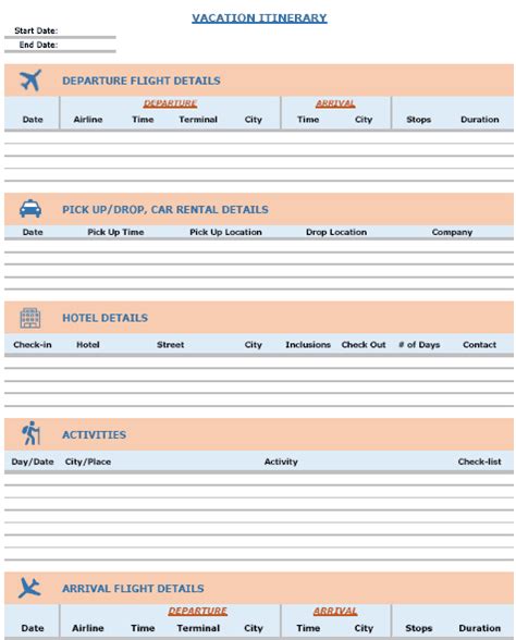 travel itinerary templates vacation trip