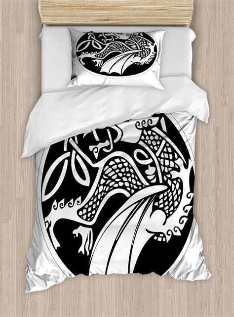 Celtic Twin Size Duvet Cover Set Astronomical Druidic Symbol Of A Mythical Dragon In Round