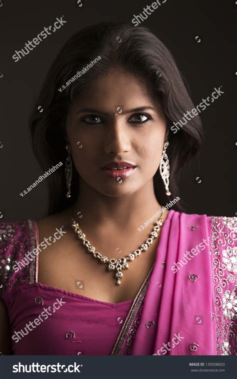 Indian Girl Traditional Sari Posing Camera Stock Photo