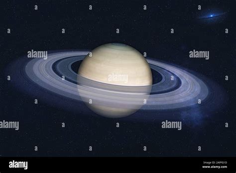 Planet Saturn Of Solar System In The Space With Far Galaxy On The