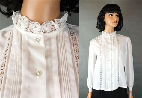 Victorian Style Blouse Xs Vintage 80s White High Lace