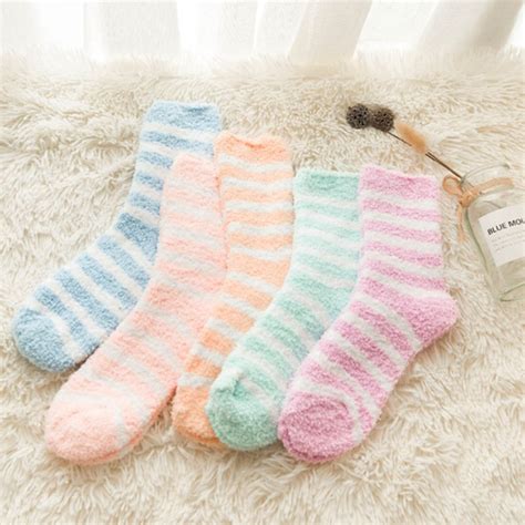 New Women Cozy Striped Socks Winter Warm Sleep Bed Socks Floor Home Fluffy Socks Coral Velvet