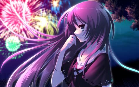 Beautiful Purple Hair Anime Girl Fireworks Wallpaper