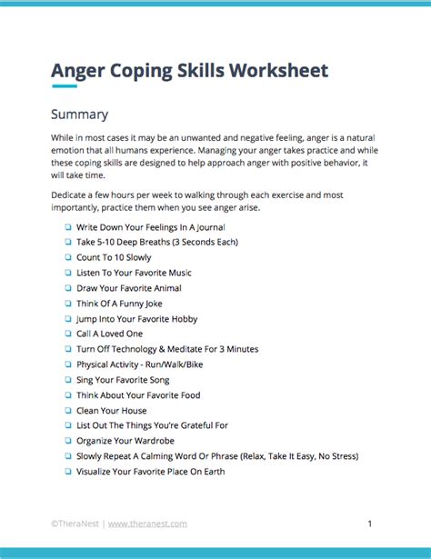 Anger Coping Skills Worksheet