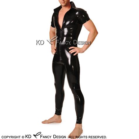 Black Sexy Latex Catsuit With Short Sleeves Front Zipper Turn Down