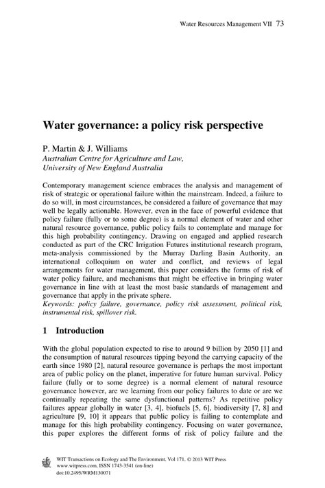 Pdf Water Governance A Policy Risk Perspective
