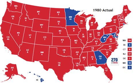 Presidential election in which ronald reagan defeated walter mondale. The U.S electoral map of 1980. Jimmy Carter (Incumbent) VS Ronald Reagan (Challenger). Red is ...
