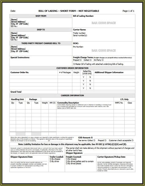 Bill Of Lading Short Form Template Pdf Form Resume Examples O7y3krlybn