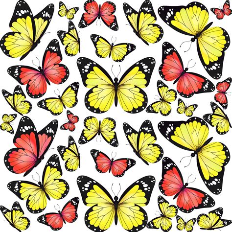 Yellow And Red Realistic Flying Monarch Butterfly Pattern On A White