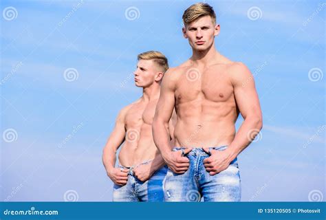 Muscular Healthy Athletic Body Men Twins Brothers Muscular Guys Sky Background Torso