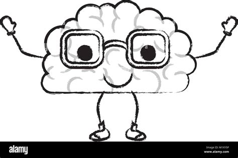 Brain Cartoon With Glasses And Calm Expression In Black Blurred Contour
