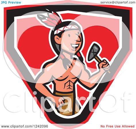 Clipart Of A Cartoon Native American Indian Brave Holding A Tomahawk In A Shield Royalty Free