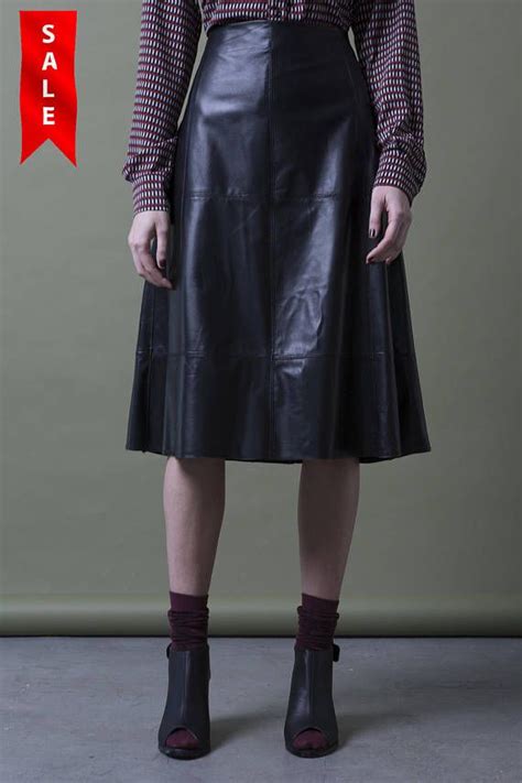 Black Leather A Line Skirt Boho Black Knee Length Skirt Midi Knee