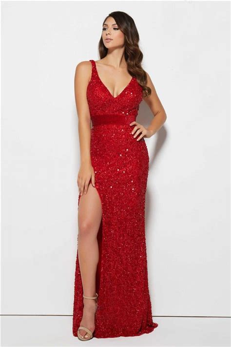 Sexy V Neck High Slit Long Red Sequin Sparkly Evening Prom Dress Red Long Prom Dress