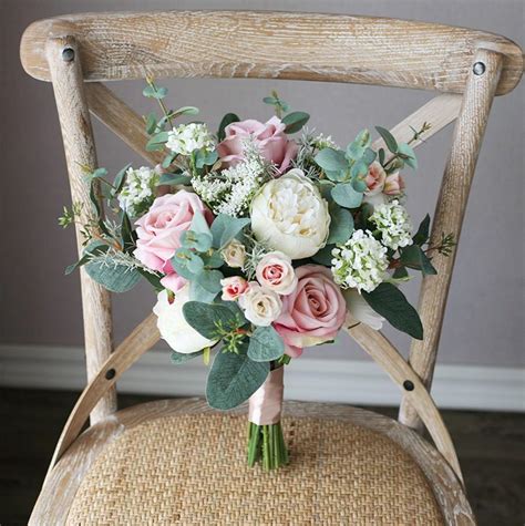 Artificial Blush Pink Peony Rose Bridal Bouquet Greenery Wedding