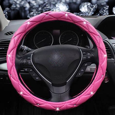 Pink Car Steering Wheel Cover 38cm15 Deluxe Pu Leather Bling Diamond