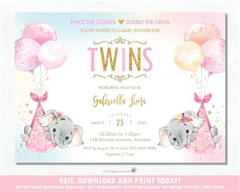 Whimsical Twin Girls Elephant Baby Shower Invitation Editable Template