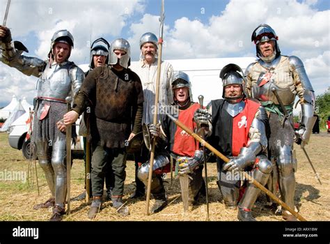 Group Of Knights From British Plate Armour Society Pose In Full Stock