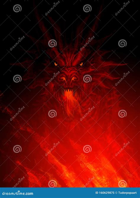 Fierce Red Dragon Head Emerging From Darkness Stock Illustration