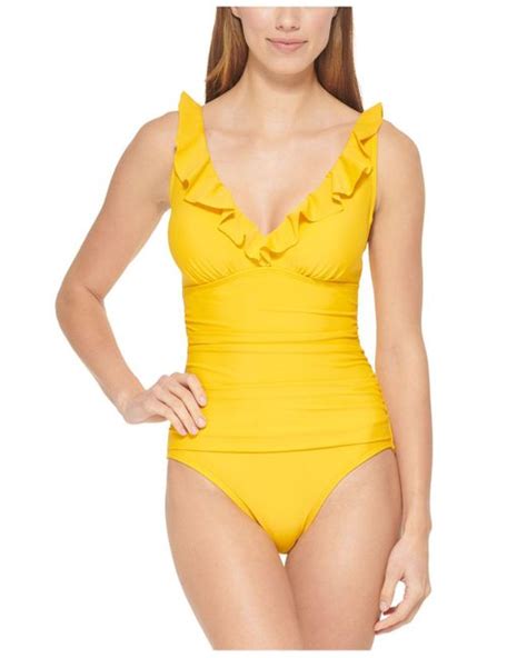 Dkny Synthetic Ruffle Plunge Underwire Tummy Control One Piece Swimsuit Created For Macy S In