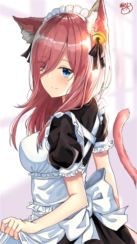 Redhead Akino Ell Nakano Miku 5 Toubun No Hanayome Blue Eyes Standing Maid Outfit Cat