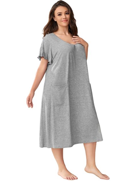 women plus size short sleeve sleep dress wide neck ruffle sleeve cotton comfy nightshirt with
