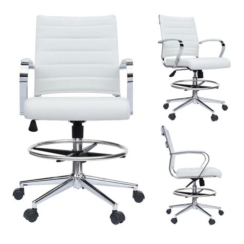 2xhome White Office Drafting Chair Ribbed Padded Open Mid Back With