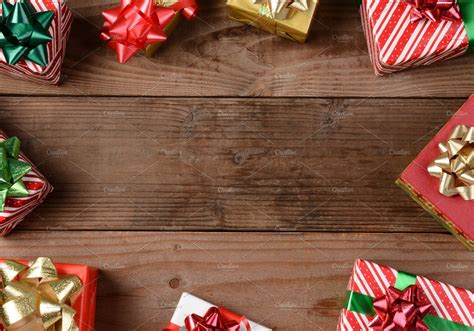 Rustic Wood Floor Christmas Presents High Quality Holiday Stock
