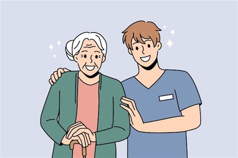Premium Vector Smiling Caregiver With Happy Old Female Patient
