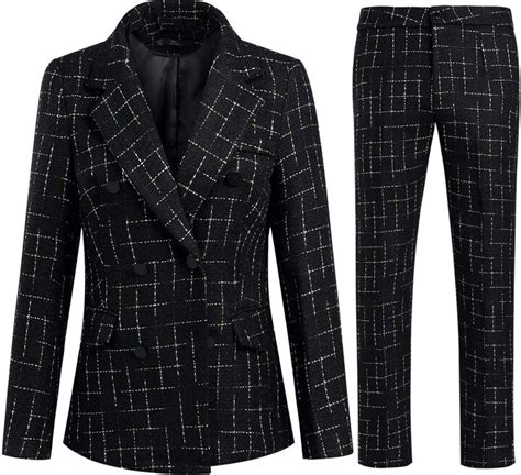 Yynuda Women S 2 Piece Suit Work Office Plaid Double Breasted Duffle Blazer Elegant Trouser Suit