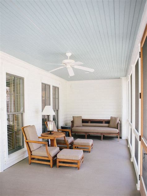 Ceiling paint finishes are usually flat, but an eggshell or satin finish paint offers just a hint of reflective sheen, which can help brighten the space if you're using a darker color. Haint Blue porch ceilings: SW 6471 Hazel SW 6505 ...