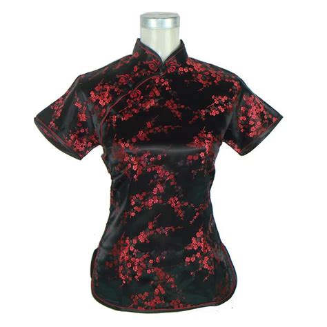 hot sale black red chinese women silk satin shirt summer short sleeve blouse mandarin collar