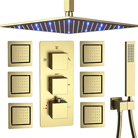 Katais Ceiling Mounted 12 Inch Led Brushed Gold Shower System With Embedded Full Body Spray Jet