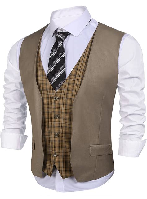 Coofandy Mens Business Suit Vest Layered Plaid Dress Vest Waistcoat