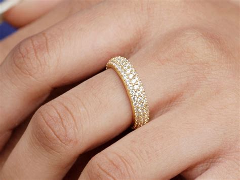 Three Layered Eternity Wedding Ring 14k Gold Engagement Ring Etsy