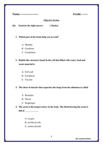 Science Test Paper For Grade 5 Or 6 Teaching Resources