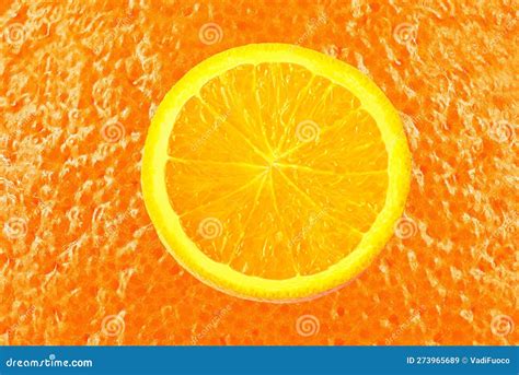 Juicy Fruit Orange Orange Slice On Textured Juicy Orange Peel Stock
