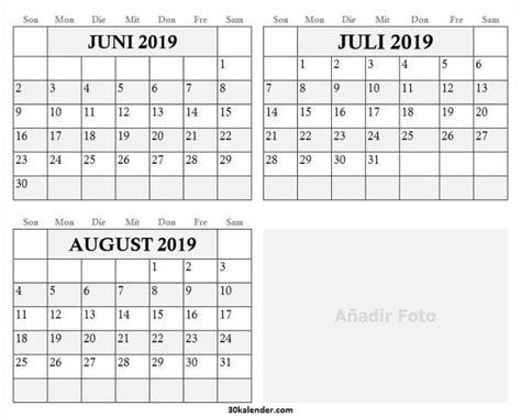 Kalender Für Juni Juli Und August 2019 Kalender Juni 2019 Ausdrucken