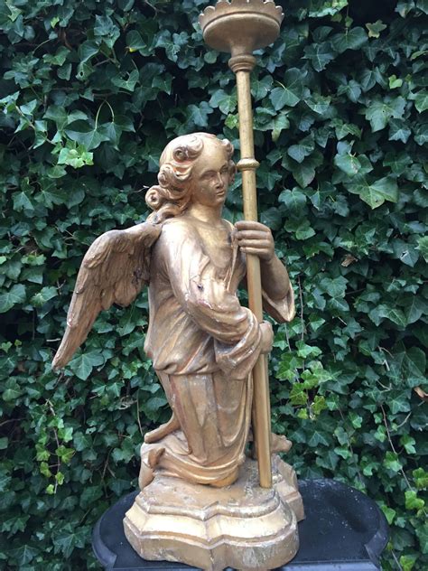 Antique 18th Century Gilt Gothic Art Carved Wood Angel Sculpture Candlestick For Sale At 1stdibs