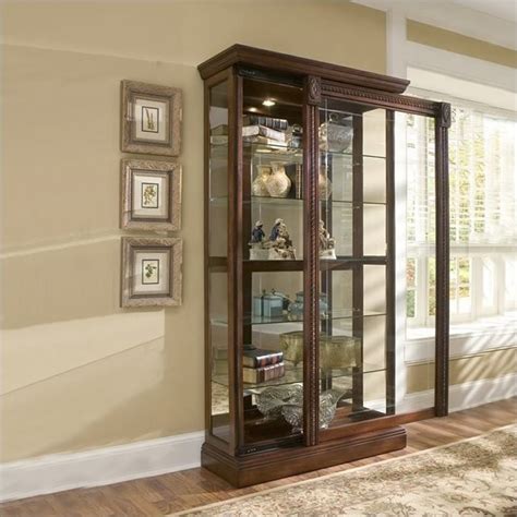 Touch light, 2 front glass doors (2 glass shelves inside & back mirror), oversized crown, base: Pulaski Medallion Cherry Curio Cabinet | eBay