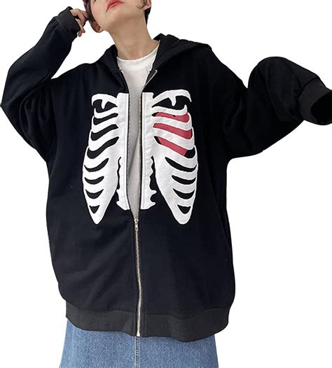 Womens Y2k Full Zip Hoodies Long Sleeve Heart Skeleton Print Loose