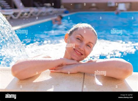 Smiling Waterfall Swimming Young Woman Pool Beautiful Luxury Outdoor