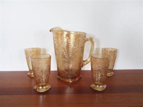 Jeanette Glass Floragold Louisa Iridescent Pitcher Set Vintage Glassware Glass Pitcher Set