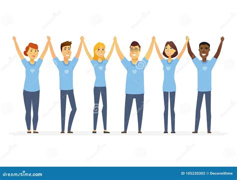 Happy Volunteers Holding Hands Cartoon People Characters Isolated