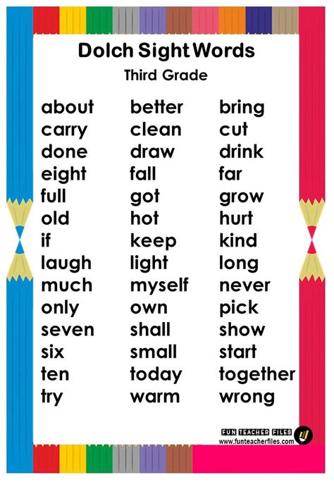 Dolch Sight Words Chart Fun Teacher Files