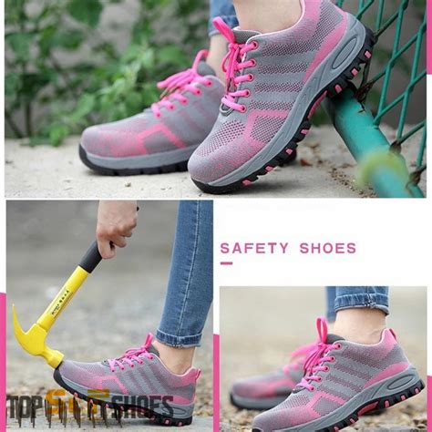 Womens Pink Mesh Upper Lace Up Puncture Proof Anti Smashing Steel Toe