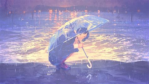 Wallpaper Anime Girl Raining School Uniform Umbrella Resolution