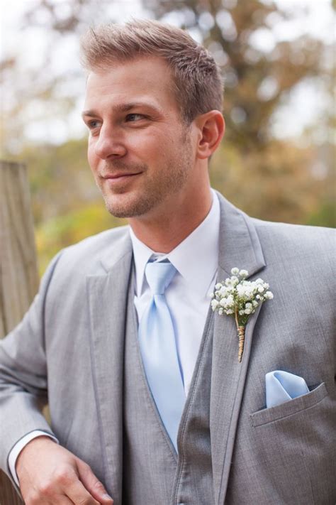Grey Suit With Light Blue Tie And Baby S Breath Boutonniere Powder Blue
